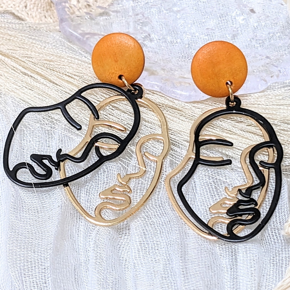 DCLF Black and Goldtone Abstract Face Outline Post Back Drop Earrings
